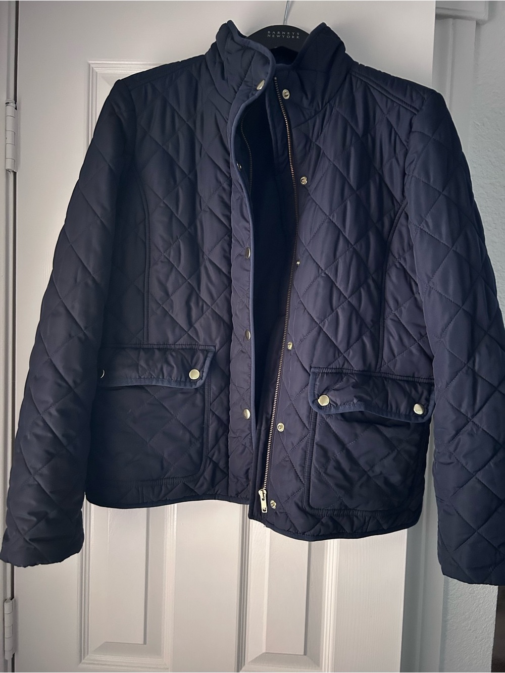 J.Crew Quilted Navy Jacket with Gold Snap Pockets